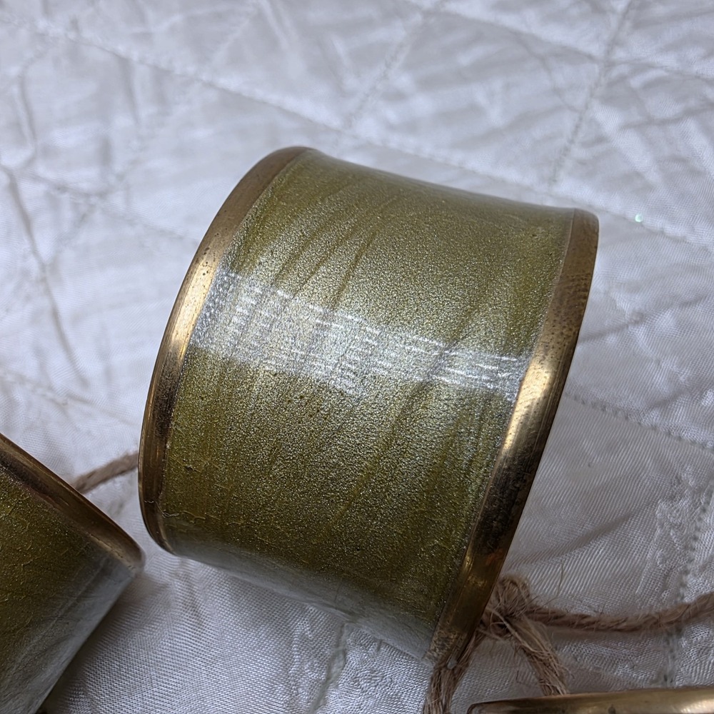 Brass Napkin Rings Set of 5 Green Pearlized Enameled Metal Vintage